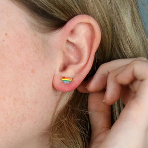Silver Plated Heart Stud Earrings With Rainbow Enamel