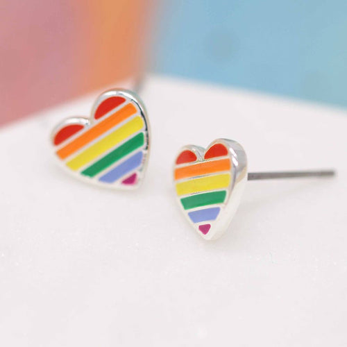 Silver Plated Heart Stud Earrings With Rainbow Enamel