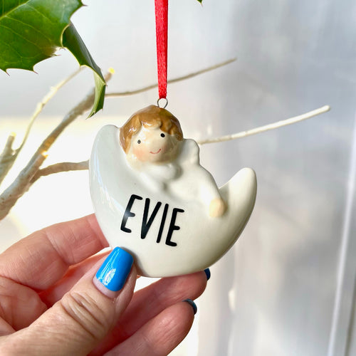 Personalised Angel And Moon Ceramic Decoration
