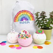 Bath Bomb Set With Crackle Rainbow Personalised Wash Bag