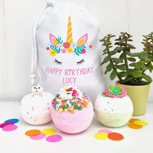 Bath Bomb Set With Happy Birthday Unicorn Personalised Wash Bag