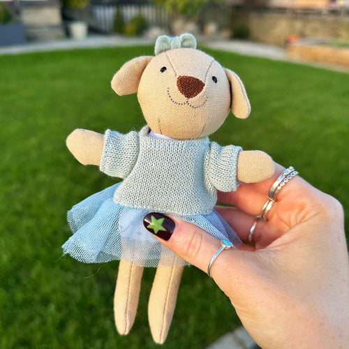 Tiny Linen Girl Dog With Blue Tutu