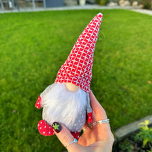 Hand holding a gnome with a red and white checkered hat against a grassy background