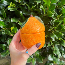 Hand holding an orange-shaped container against a green leafy background