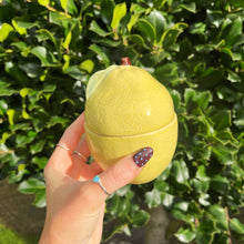 Hand holding a lemon-shaped container with a green leafy background