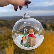 Christmas Blown Glass Bauble With Robin Pair
