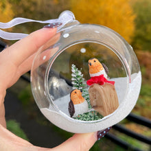 Christmas Blown Glass Bauble With Robin Pair