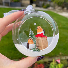 Christmas Blown Glass Bauble With Robin Pair