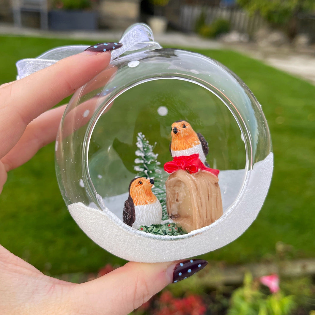 Christmas Blown Glass Bauble With Robin Pair