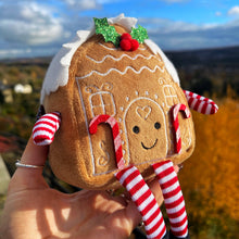 Plush gingerbread house toy with candy cane legs held against a scenic background