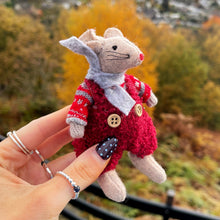 Small plush mouse toy wearing a red outfit held by a hand with a scenic background of trees and houses.