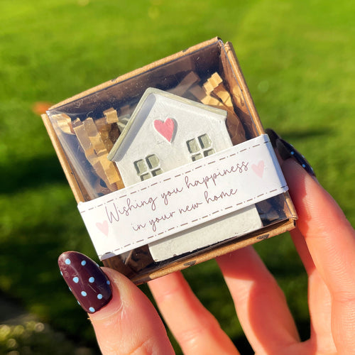 Hand holding a small box with a house-shaped card and a heart, outdoors on grass.