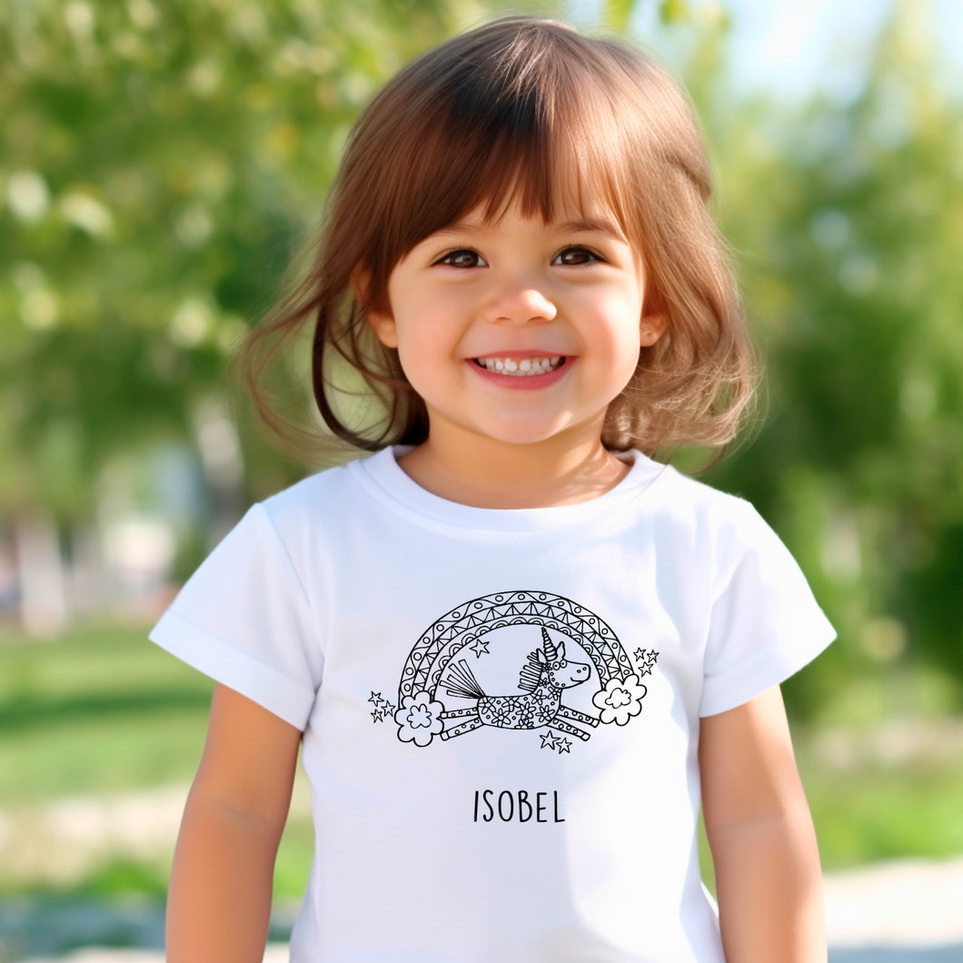 Unicorn Rainbow T-Shirt Personalised To Colour in