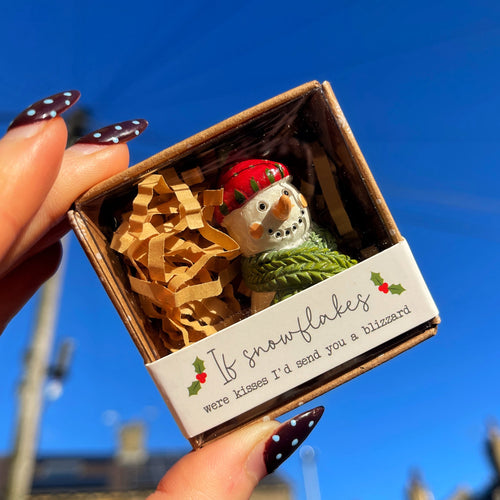 Small decorative snowman figure in a box with a message against a blue sky.