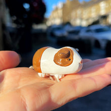 Small figurine of a guinea pig held in a hand with a blurred street background