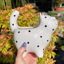 White ceramic cat-shaped object with black dots held in front of a garden with plants and water.