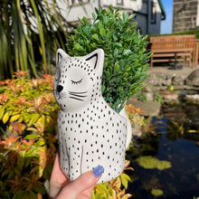 White cat-shaped planter with green plant held by a hand in a garden setting