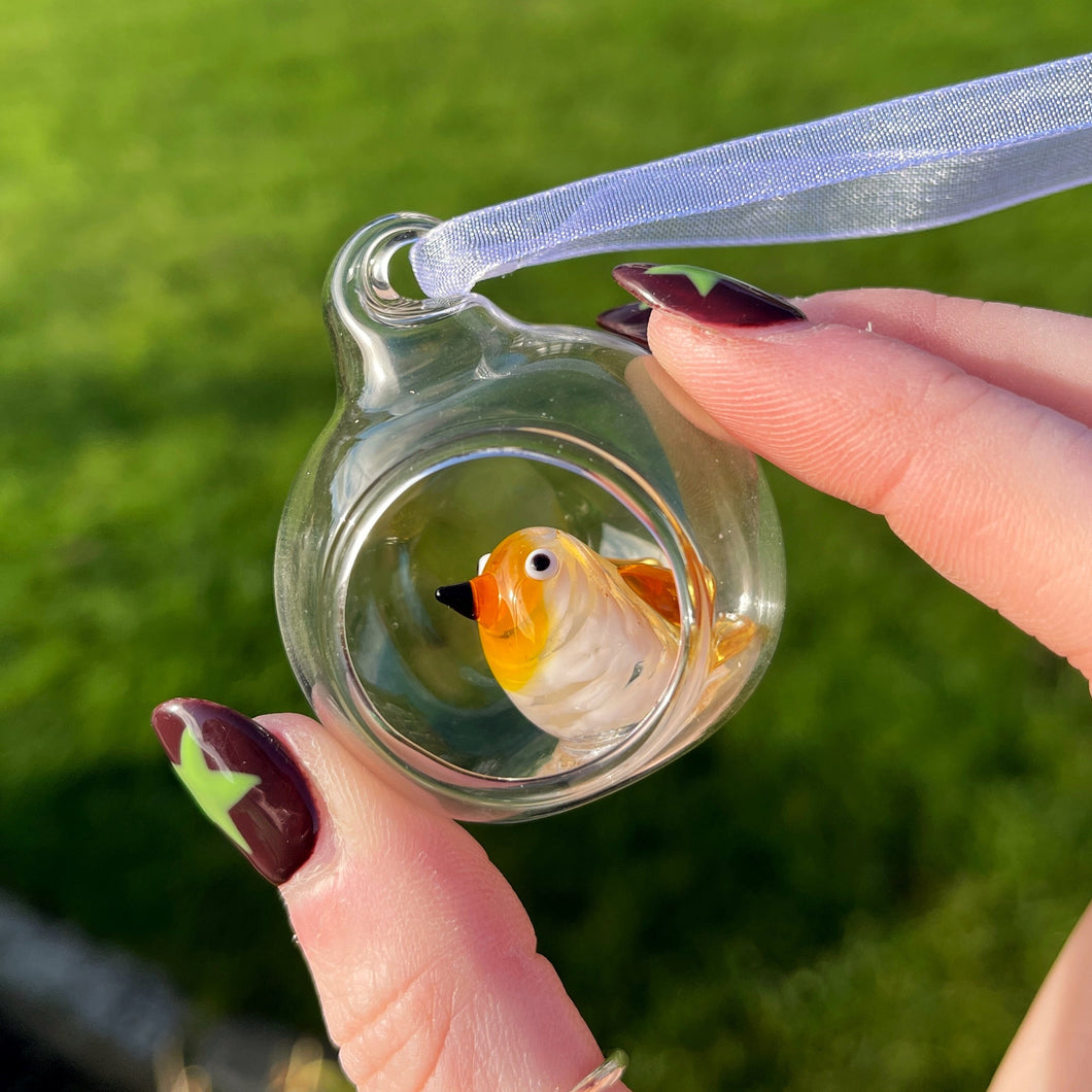 Handmade Open Glass Bauble With Tiny Robin