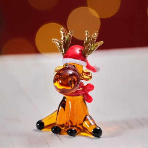 Hand Blown Glass Reindeer With Santa Hat