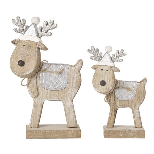 Wooden Reindeer In Hats Pair