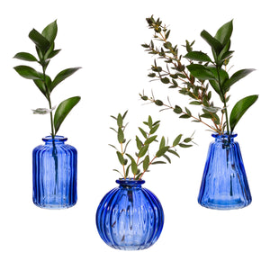 Set Of Three Cobalt Blue Bud Glass Vases