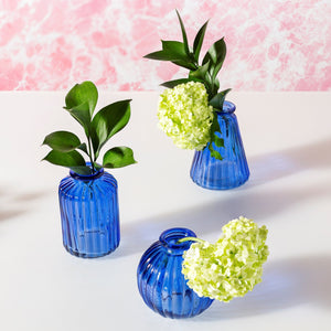 Set Of Three Cobalt Blue Bud Glass Vases
