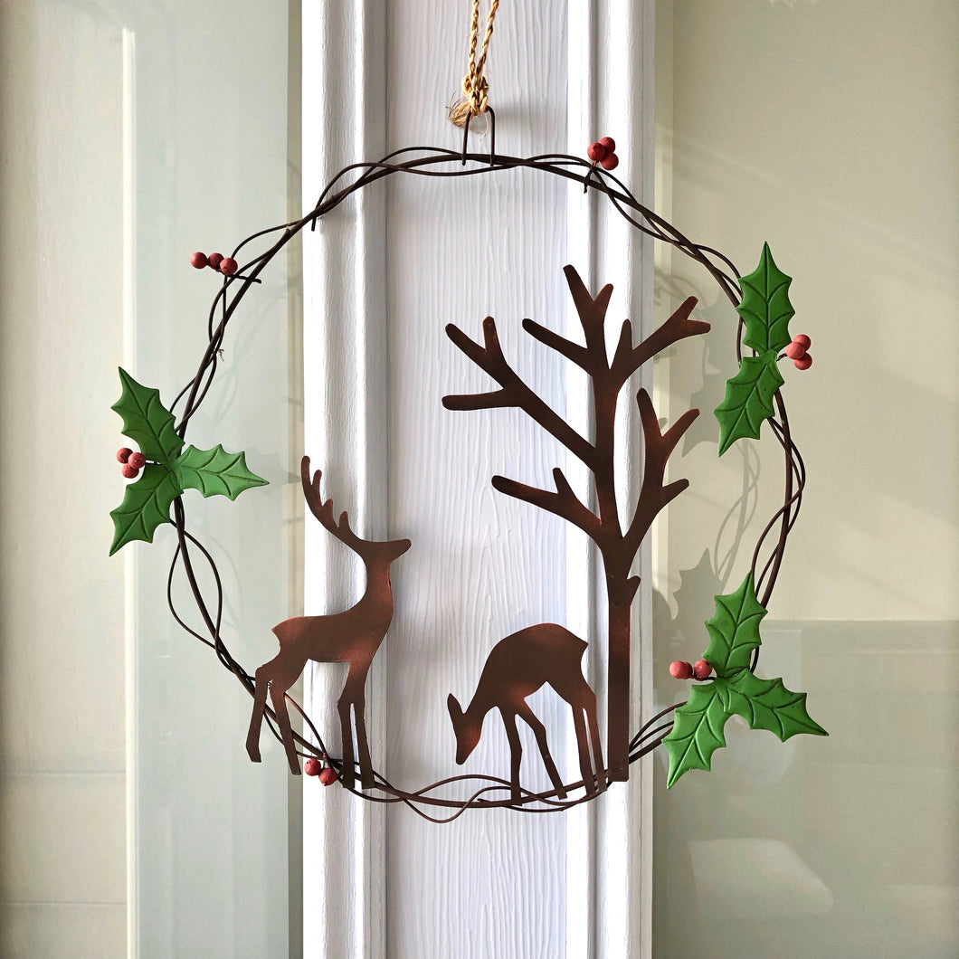 Handmade Metal Deer Pair Winter Wreath