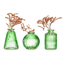 Set Of Three Green Bud Glass Vases
