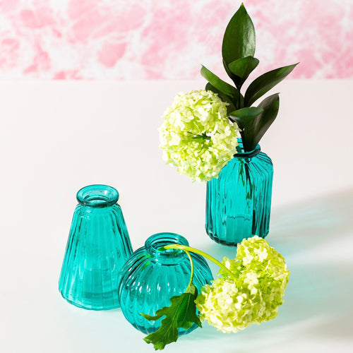 Set Of Three Turquoise  Bud Glass Vases