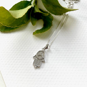 Sterling Silver And Cubic Zirconia Hamsa Hand Necklace