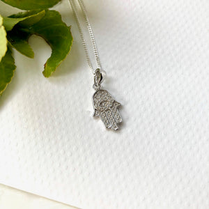 Sterling Silver And Cubic Zirconia Hamsa Hand Necklace