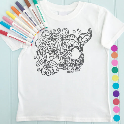 Mermaid Girls T-Shirt Personalised To Colour in