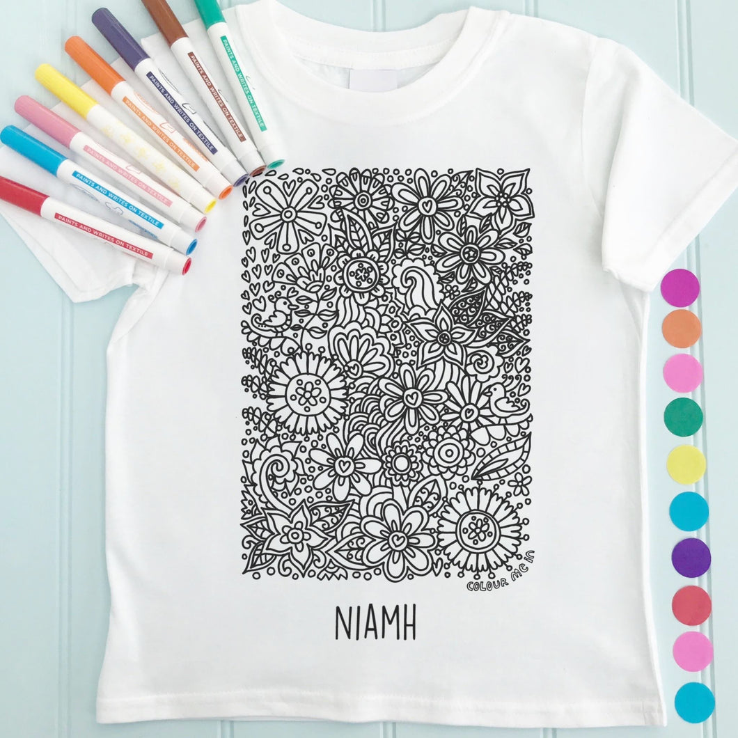 Tropical Flowers T-Shirt Personalised To Colour in