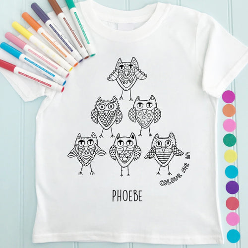 Owls Girls T-Shirt Personalised To Colour in