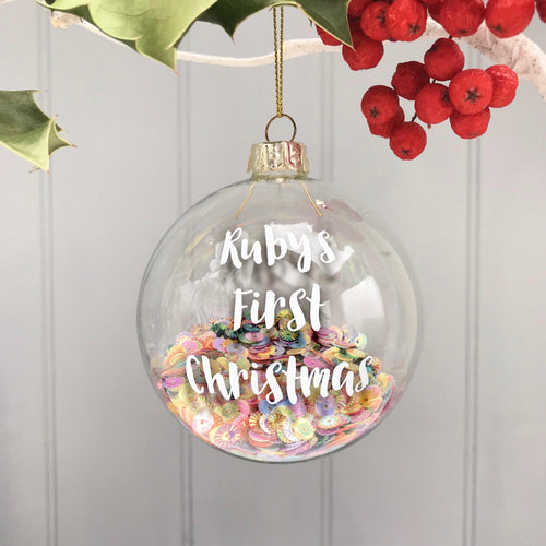 Personalised Baby's first Christmas Bauble with Sequins