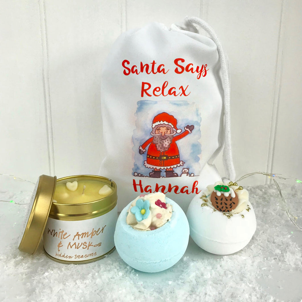 Santa Says Relax Personalised Bath Bomb Set and Candle