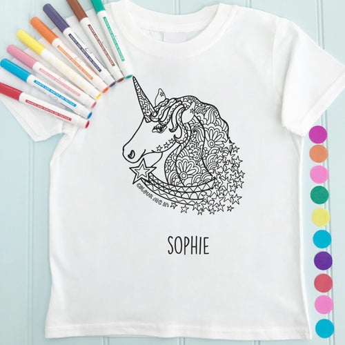Unicorn Girls T-Shirt Personalised To Colour in