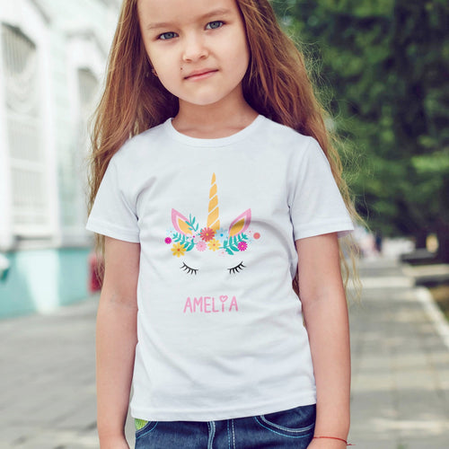 personalised flower unicorn girls t-shirt