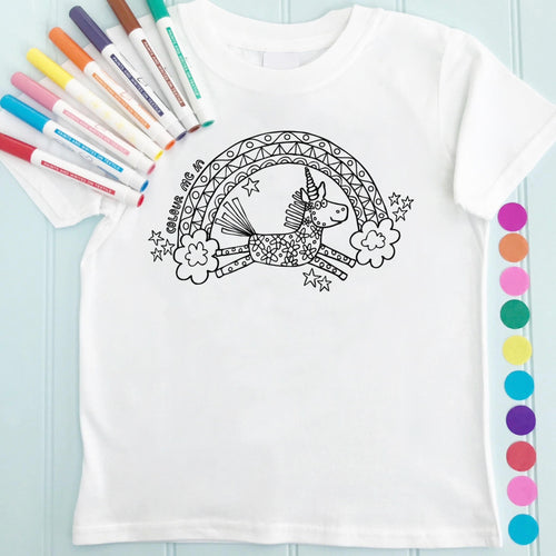 Unicorn Rainbow T-Shirt Personalised To Colour in