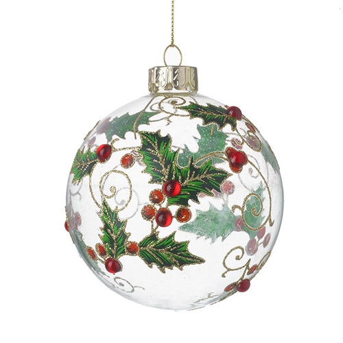 Christmas Holly And Berry Glass Bauble
