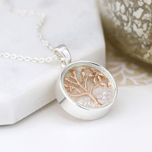 Silver Plated Rose Gold Tree And Crystals Necklace