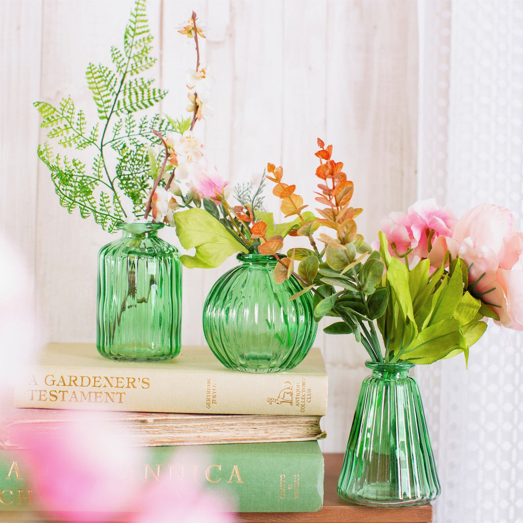Set Of Three Green Bud Glass Vases